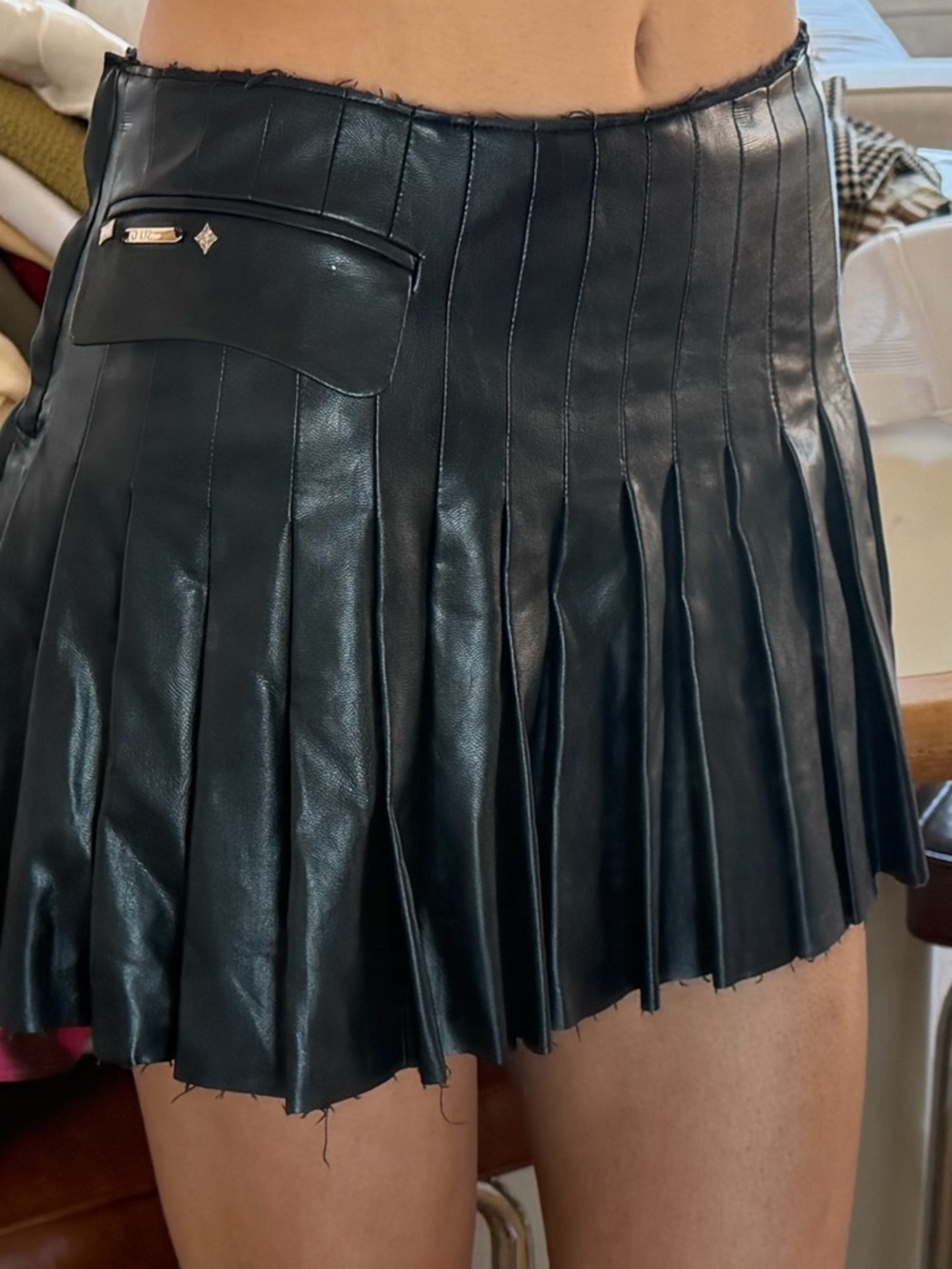 Black Pleated Faux Leather Mini Skirt